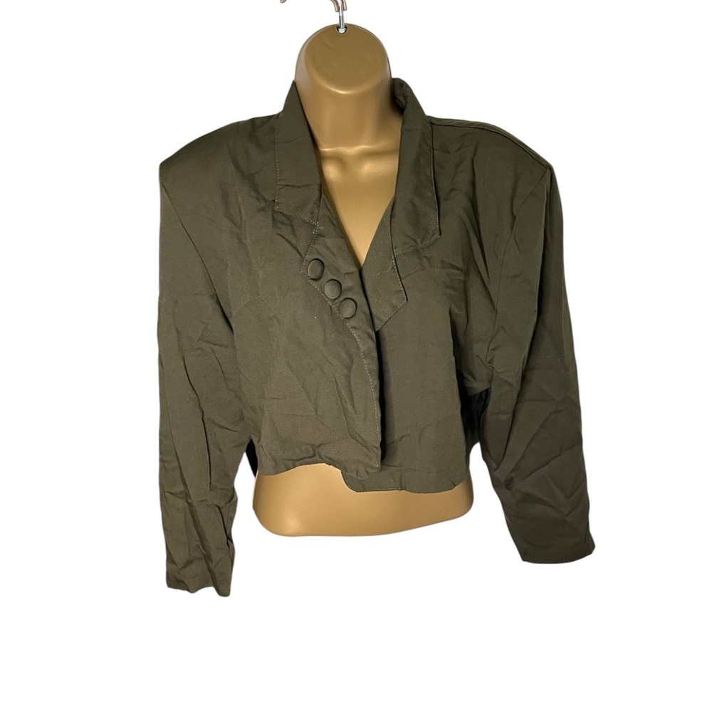 Vintage 80s 90s Transmit Cropped Military Blazer Asymmetric Button Front Olive S